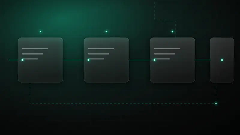 Abstract technical illustration: three translucent chambers connected left to right along one teal signal path, a gate between each, with a dashed return rail running back beneath them.