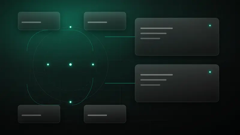 Abstract technical illustration: a circular cadence loop with four satellite panels around a dashed inner ring, beside two always-on instrument panels on the right.