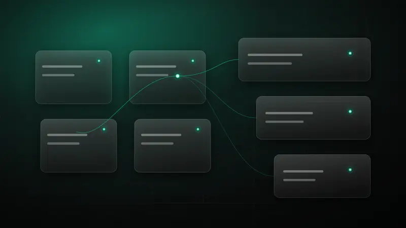 Abstract technical illustration: four matte panels laid out as a two-by-two value and effort field, linked by a single teal ranked path to a three-step sequenced rail on the right.